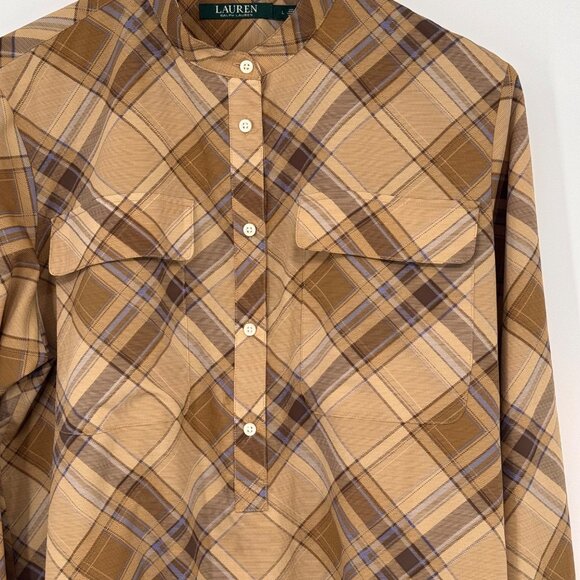 Lauren Ralph Lauren womens Plaid Tan & Brown Band Collar tunic Shirt size large - Picture 7 of 12